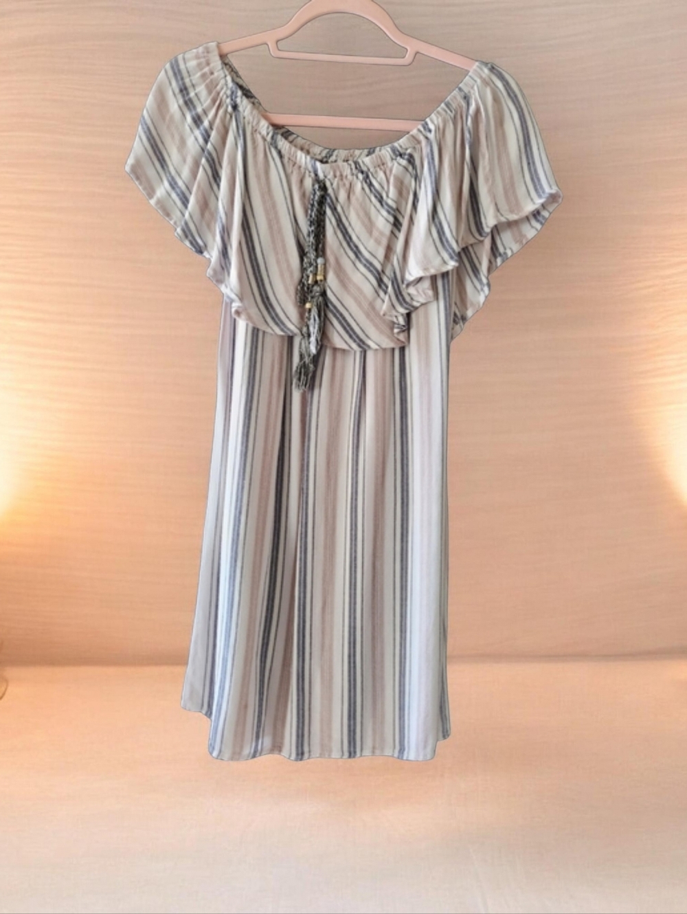 Venus Boho Striped Off-the-Shoulder Tiered Mini Dress Size Small
